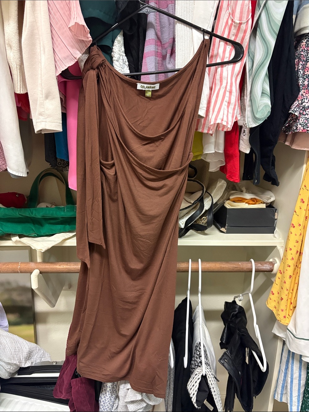 CeliaMade Brown One-Shoulder Draped Dress